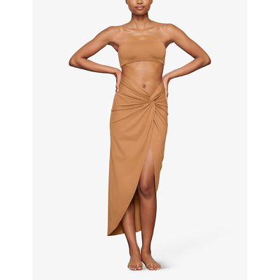 Shop Skims Women's Almond Bandeau Slim-fit Recycled Stretch-nylon Bikini Top