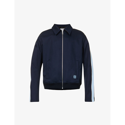 Shop Loewe Contrast-taping Collared Stretch-cotton Jacket In Midnight Blue