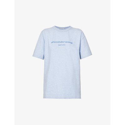 Shop Alexander Wang Women's Light Blue Heather Glittered Logo-print Cotton-jersey T-shirt