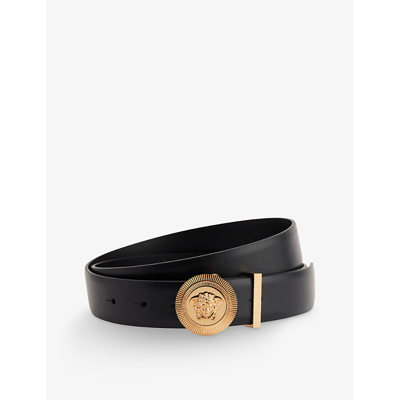 Shop Versace Men's Black  Gold Medusa Logo-buckle Leather Belt