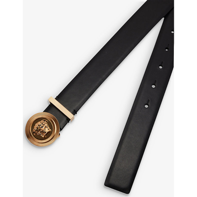 Shop Versace Men's Black  Gold Medusa Logo-buckle Leather Belt