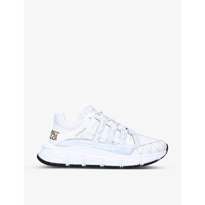 Shop Versace Men's White Trigreca Logo-print Shell And Leather Low-top Trainers