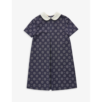 Shop Gucci Girls Dk Blue/ivory/mix Kids Brand-pattern Pleated-front Cotton Dress 6-12 Years