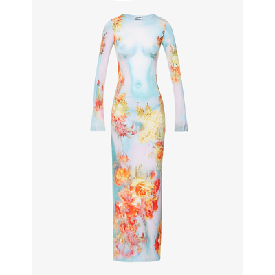 Shop Jean Paul Gaultier Womens Blue Yellow Flower Trompe L'oeil Stretch-woven Maxi Dress