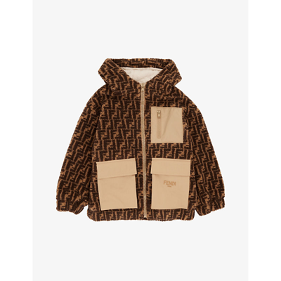 Shop Fendi Boys Zucca Kids Zucca Fleece-textured Hooded Wool-blend Jacket 8-12 Years