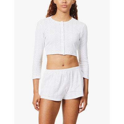 Shop Cou Cou Intimates Women's 001 White The Crop Pointelle-pattern Organic-cotton Cardigan