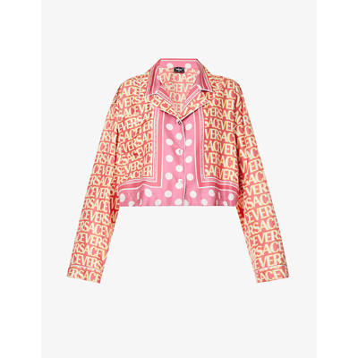 Shop Versace Women's Fuxia Pink Logo-print Polka-dot Silk Shirt