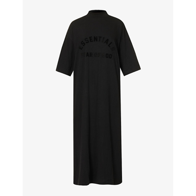 Shop Essentials Fear Of God  Women's Jet Black  Brand-print Cotton-jersey Midi Dress