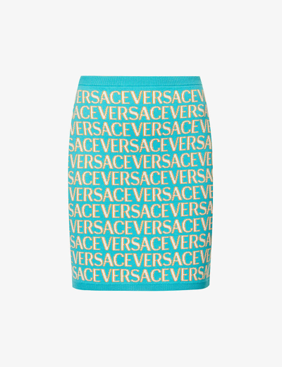 Shop Versace Women's Turquoise Light Blue Brand-embroidered Slim-fit Cotton-blend Mini Skirt