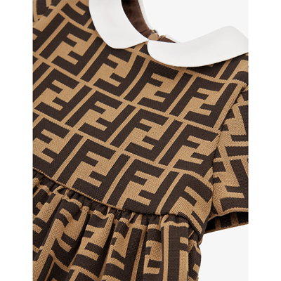 Shop Fendi Nut Brown+brown Monogram-pattern Gathered-waist Cotton-blend Dress 12-24 Months