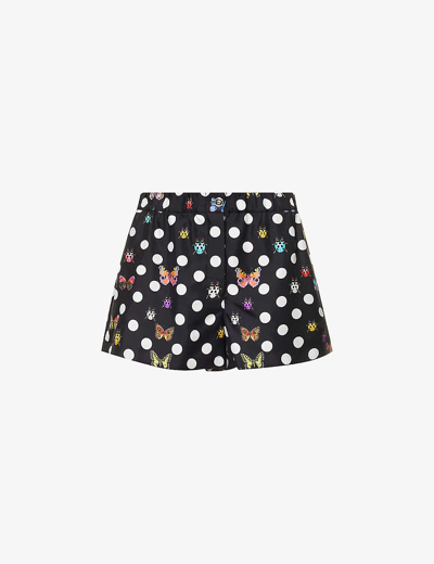 Shop Versace Women's Black Multicolor Graphic-pattern Mid-rise Silk Shorts