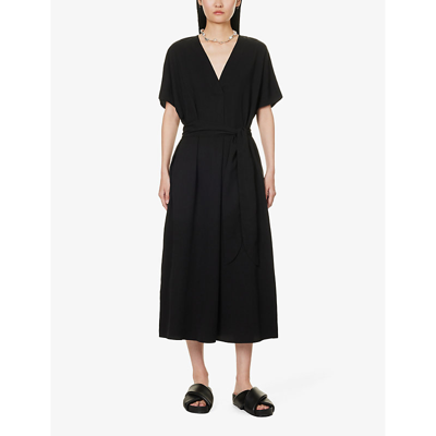 Shop Vince V-neck Belted Woven Midi Dress In Black