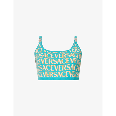 Shop Versace Brand-embroidered Cropped Cotton-blend Top In Turquoise Light Blue