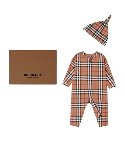 Shop Burberry Kids Cotton Vintage Check Bodysuit Set (1-18 Months) In Neutrals