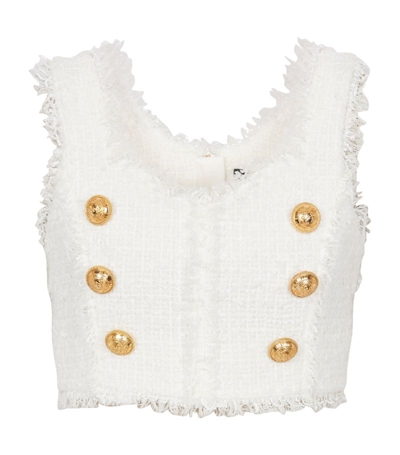 Shop Balmain Gold-buttoned Tweed Crop Top In White