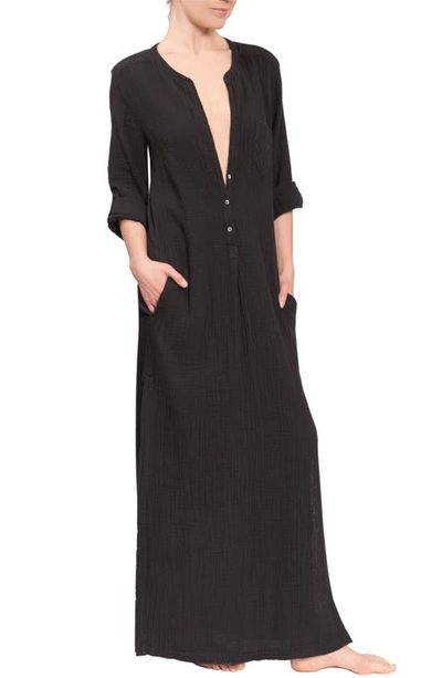 Shop Everyday Ritual Button Front Cotton Gauze Caftan In Onyx