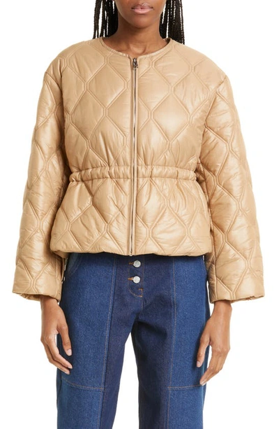 Shop Ganni Shiny Quilted Recycled Nylon Jacket In Tanin