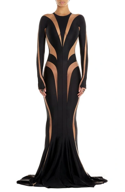 Shop Mugler Spiral Illusion Inset Long Sleeve Gown In Black Nude 02