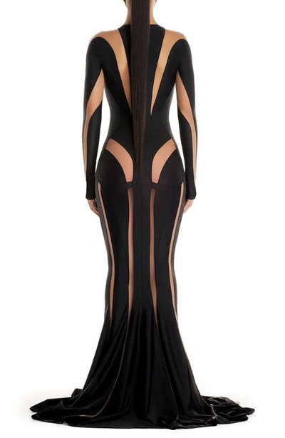 Shop Mugler Spiral Illusion Inset Long Sleeve Gown In Black Nude 02