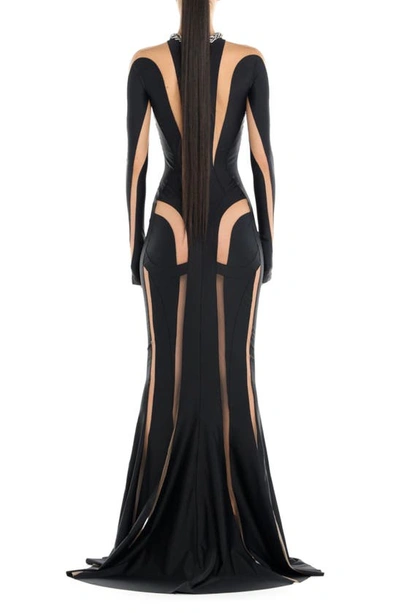 Shop Mugler Spiral Illusion Inset Long Sleeve Gown In Black Nude 01
