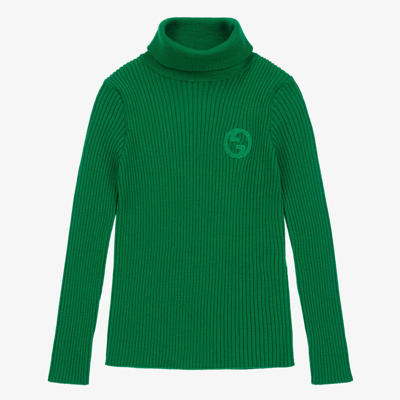 Shop Gucci Green Ribbed Wool Roll Neck Sweater