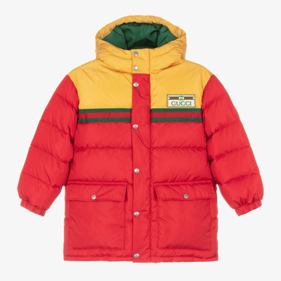 Shop Gucci Teen Boys Red & Yellow Hooded Puffer Coat