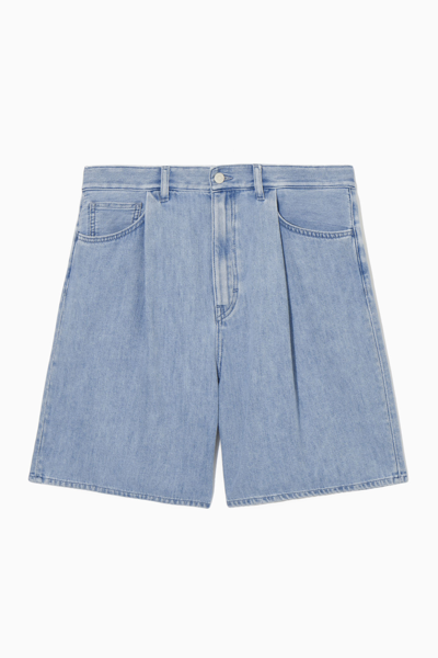 Shop Cos Pleated A-line Denim Shorts In Blue