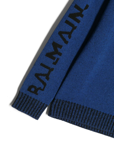 Shop Balmain Intarsia-knit Logo Jumper In 蓝色