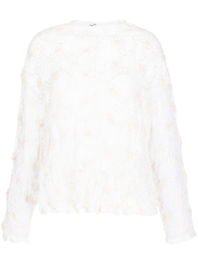 Shop Comme Des Garçons Comme Des Garçons Floral-embroidered Long-sleeve Blouse In White