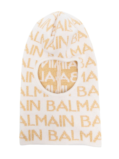 Shop Balmain Logo-intarsia Knitted Balaclava In 白色