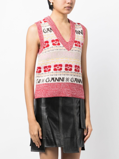 Shop Ganni Intarsia-knit Logo Vest In 粉色