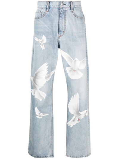 Shop 3paradis Dove-print Straight-leg Jeans In 蓝色