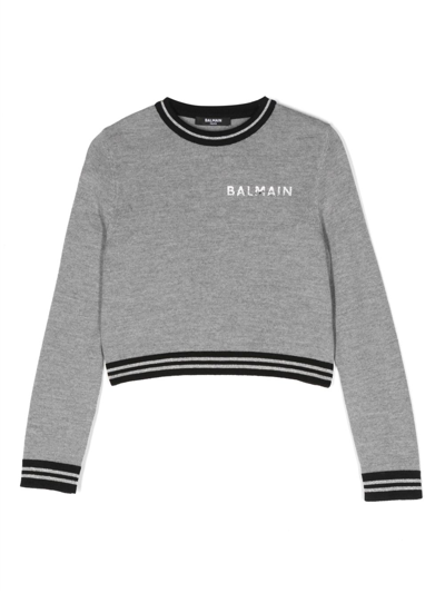 Shop Balmain Logo-print Wool Sweatshirt In Grey