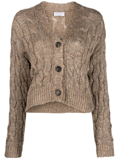 Shop Brunello Cucinelli Cable Knit Cardigan In Brown
