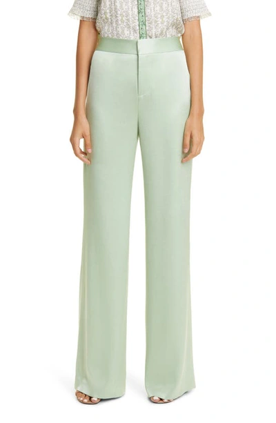 Shop Alice And Olivia Deanna Stretch Cotton Satin Bootcut Pants In Green Tea