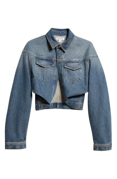 Shop Alaïa Crop Drape Denim Jacket In Bleu Vintage