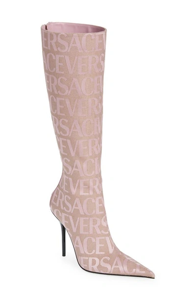 Shop Versace Logo Jacquard Pointed Toe Boot In Beige/ Pink