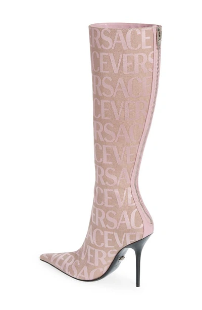 Shop Versace Logo Jacquard Pointed Toe Boot In Beige/ Pink