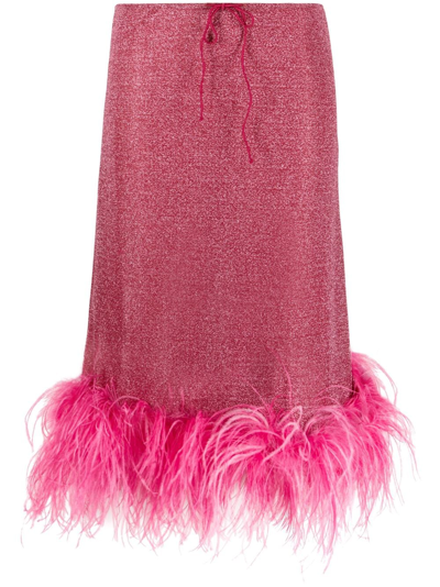 Shop Oseree Feather-trim Midi Skirt In Pink