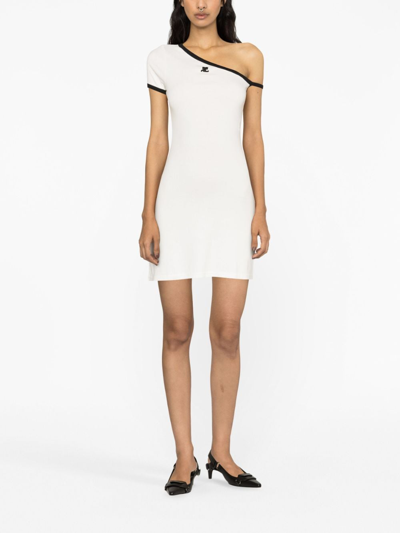 Shop Courrèges Logo-patch Asymmetric Cotton Minidress In White