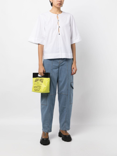 Ganni White Cotton Poplin Short Sleeve Blouse In White