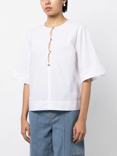 Ganni White Cotton Poplin Short Sleeve Blouse In White