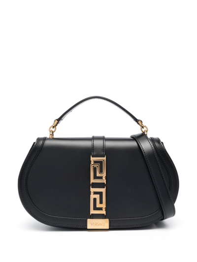 Shop Versace Greca Goddess Leather Shoulder Bag In Black