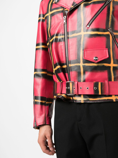 Shop Moschino Check-pattern Leather Jacket In Pink