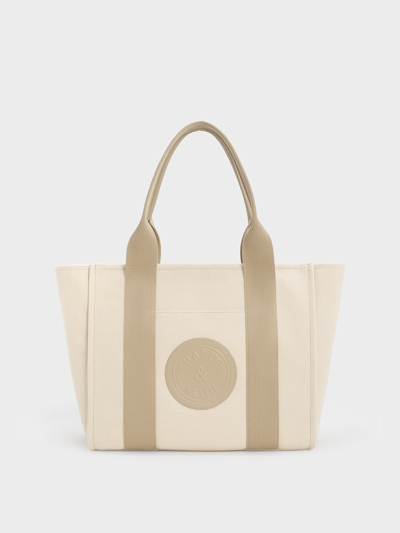 Shop Charles & Keith - Large Kay Canvas Contrast-trim Tote Bag In Taupe