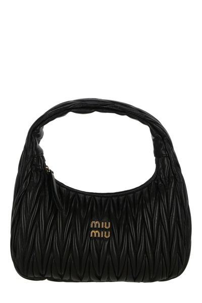 Shop Miu Miu Logo Lettering Zipped Hobo Bag In Black