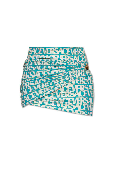 Shop Versace Allover Logo Printed Mini Skirt In Blue