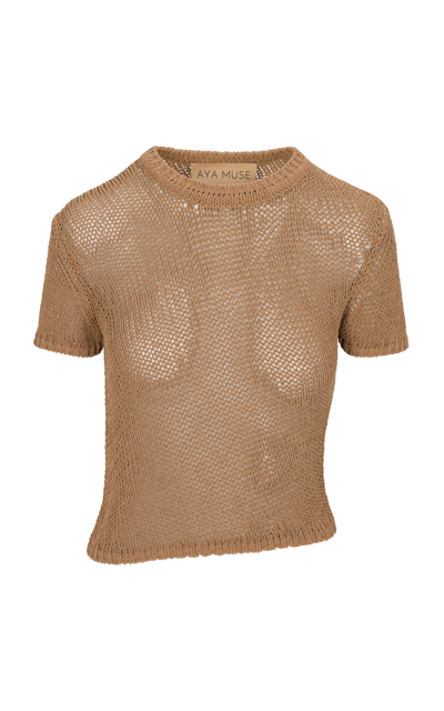 Shop Aya Muse Atele Knit Cotton-blend Crop Top In Neutral