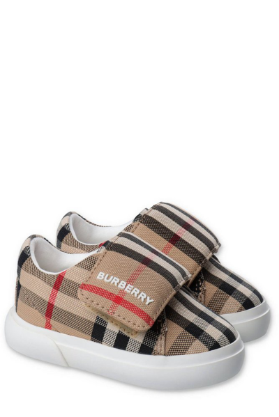 Shop Burberry Kids Checked Touch Strap Sneakers In Multi