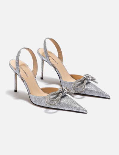 Shop Mach &amp; Mach Double Bow Silver Glitter Slingback Heels